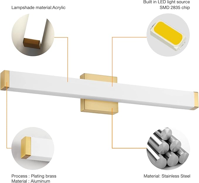 Bathroom Vanity Light Brushed Nickel Square LED 24 inch 14W 4000K Natural White Light Wall Bar Lighting Fixtures Over Mirror (Metal Brass, 24in)