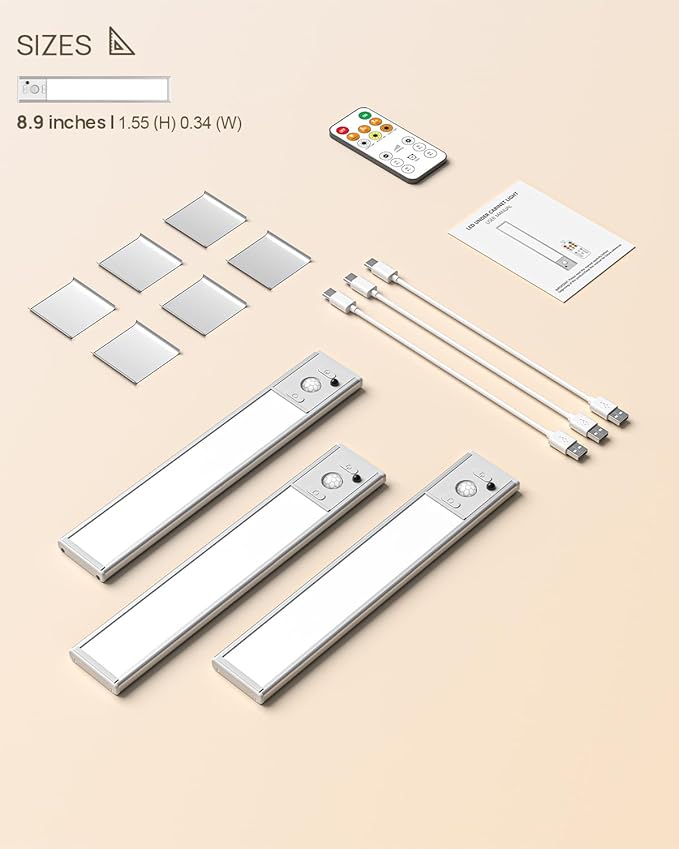 Under Cabinet Lights Wireless,Motion Sensor Light Indoor Closet Lights with Remote Control,3 Color Temps,LED Rechargeable Battery Operated,Under Counter Lights for Kitchen,Wardrobe,Pantry,Bedroom