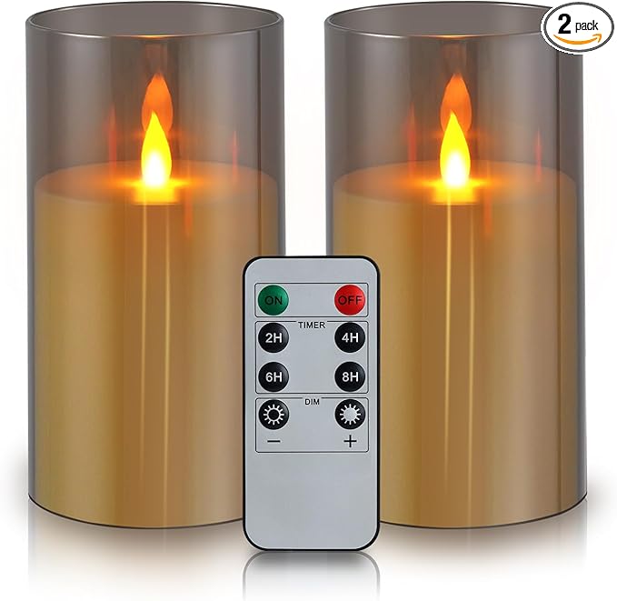 Gray Flameless Candles with Remote and Timer, 2 Pcs(D3 xH6) Flickering Battery Operated Acrylic LED Pillar Candles, Electric Fake Candles for Holiday Wedding Home Party Fireplace Décor