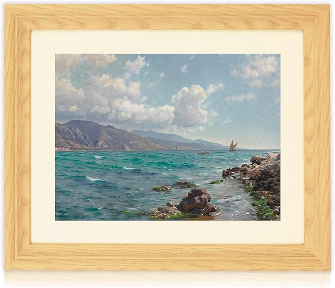 Brivoria Framed Canvas Wall Art Vintage Decor, Realistic Coastal Scene with Sailing Boats Rocky Coast and Blue Green Ocean Canvas Print with Mat for Entryway Living Room or Hallway Display 13x16