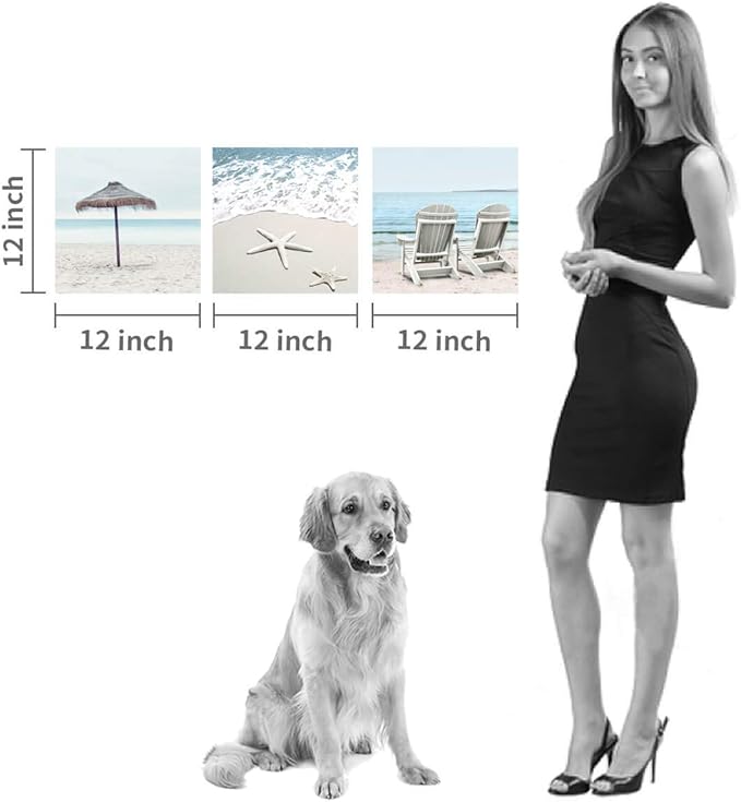 Beach Theme Canvas Wall Art: Sun Umbrella Starfish & Beach Chair on Sand Artwork Painting Print for Bedroom Office (12'' x 12'' x 3 Panels)