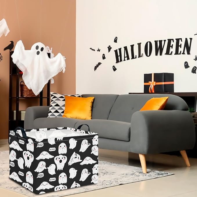 CLOCOR Rectangular Storage Basket Empty, Gift Basket for Halloween, Waterproof Storage Bin with Handles, Room Decor(Crack Ghost)