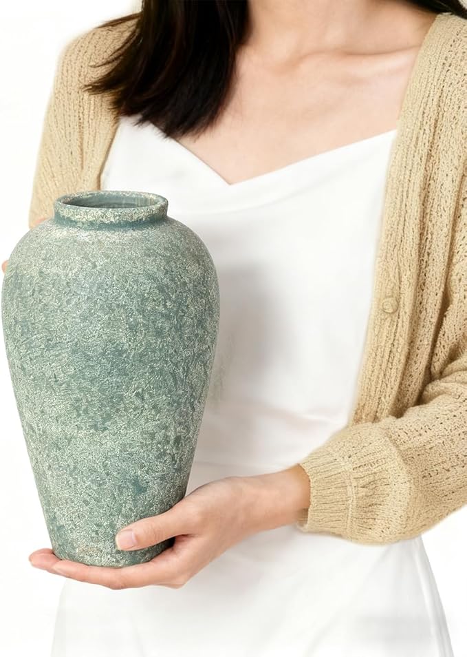 Ceramic Flower Vase Home Decor - 9.2 inch Large Farmhouse Table Vases, Rustic Decorative Vases for Kitchen Living Room Coffee Dining ShelfMantel Decoration