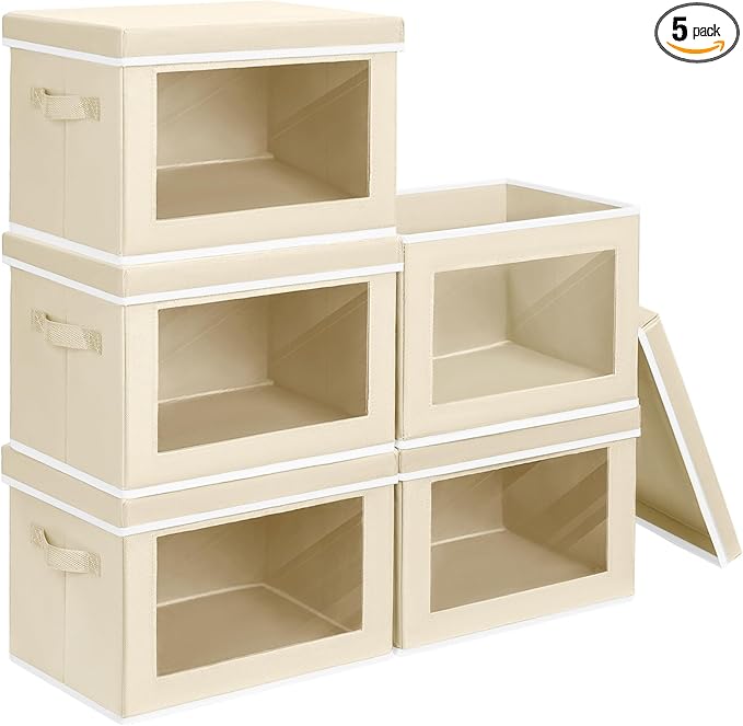 Storage Cubes with Lids - 5 Pack Foldable Clear Window Storage Bins, Large Decorative Storage Bins with Handles, Storage Containers for Clothes, Towel, Blanket, Sheet, Beige