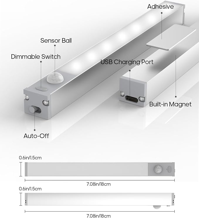 Led Under Cabinet Lights Wireless, 7’’ Rechargeable Motion Sensor Light Indoor, Dimmable Closet Lights for Cabinets, Bookshelf, Stair, Hallway