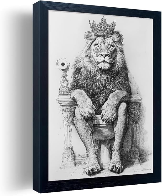 Minimalist Bathroom Wall Decor, Lion with Goreous Crown Wall Art, Majesty, Fun Bathroom Animal Art, Black and White Canvas Prints can be Hung Directly - Frame, 11 "x 14"