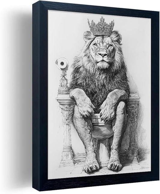 Minimalist Bathroom Wall Decor, Lion with Goreous Crown Wall Art, Majesty, Fun Bathroom Animal Art, Black and White Canvas Prints can be Hung Directly - Frame, 11 "x 14"