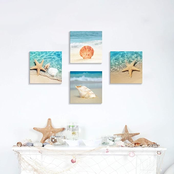 Hardy Gallery Beach Seashell Starfish Wall Art: Blue Ocean Beauties Artwork Print on Wrapped Canvas for Living Room (12''x12''x4pcs)