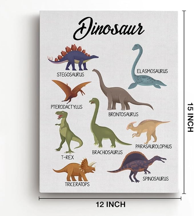 Dinosaur Species Canvas Wall Art Stegosaurus Pterodactylus Triceratops Educational Poster Kids Boys Girls Children Rooms Learning Paintings Artwork Ready to Hang Home Classroom Decor 15x12 Inches