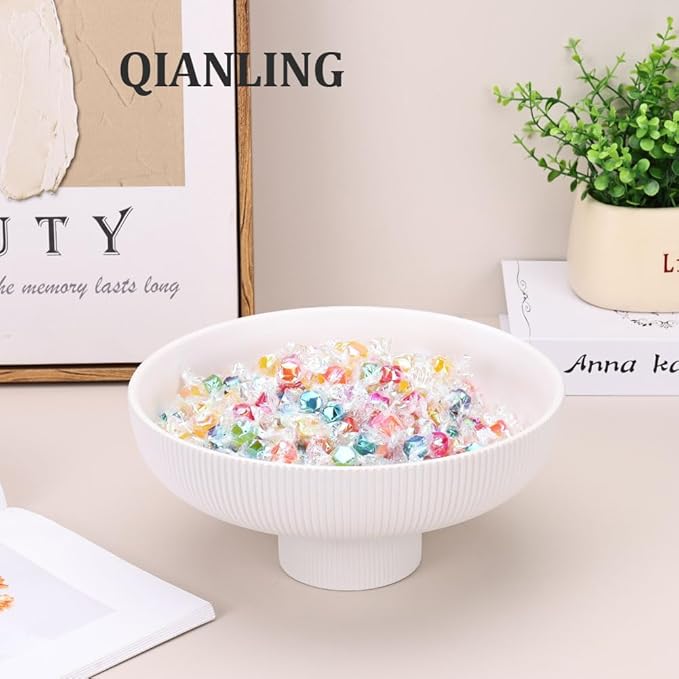 QIANLING Modern Decorative Bowl - Ribbed White Fluted Pedestal Bowl, Multi-Functional Fruit Bowl, Key Bowl, Candy Dish, Ideal for Entryway Table, Kitchen Counter, Living Room, Coffee Table Decor