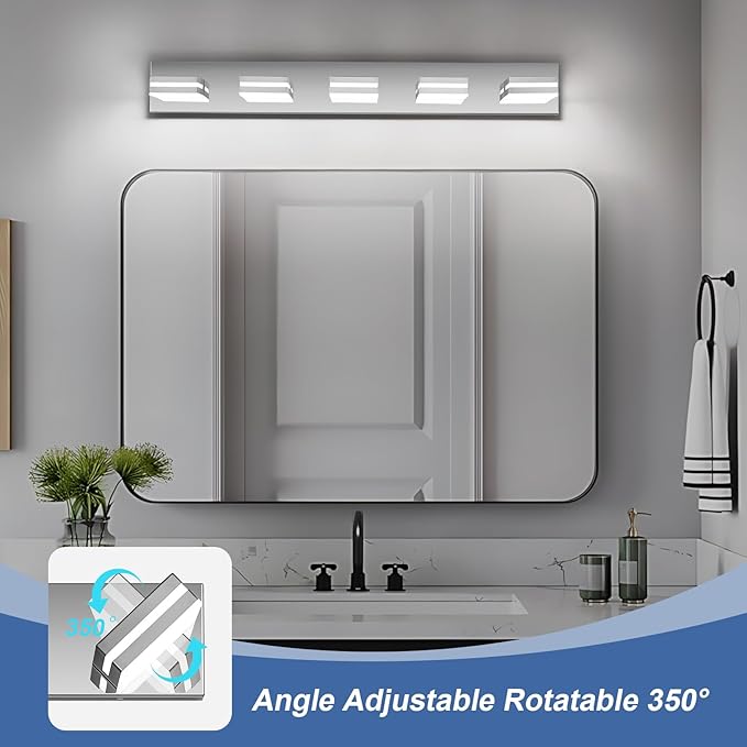 Modern LED Bathroom Lights Fixtures(5-Light),Metal Chrome Acrylic Wall Lighting,Vanity Lights for Bathroom Over Mirror(6000k 34In)