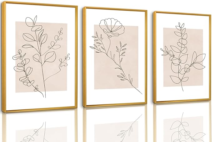CHDITB Floral Line Framed Canvas Wall Art Set, Minimalist Flower Wall Decor, Neutral Beige Plants Wall Painting, Abstract Botanical Leaf Stripe Art Print for Living Room, Bedroom, Office - 16"x24"x3