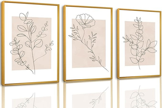 CHDITB Floral Line Framed Canvas Wall Art Set, Minimalist Flower Wall Decor, Neutral Beige Plants Wall Painting, Abstract Botanical Leaf Stripe Art Print for Living Room, Bedroom, Office - 16"x24"x3
