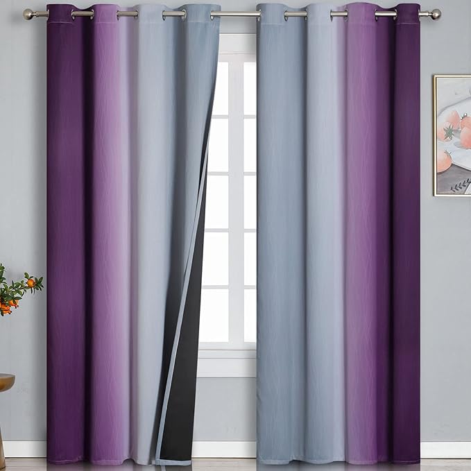 Estelar Textiler Grey and Purple Blackout Curtains for Bedroom, Thermal Insulated Drapes 108 Inches Long, Full Light Blocking Energy Saving Long Curtains for Living Room, 52Wx108L, 2 Panels