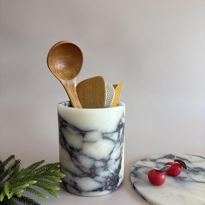 Handmand Natural Marble with Holes Stone Vintage Kitchen Utensil Holder - 5.1" D X 6.3" H Kitchen Counter Organizers and Storage Tool Crock (Calacatta Purple Marble)