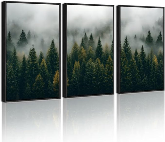 KUVIOKE Green Fog Pine Tree Landscape Framed Wall Art Nature Nordic Misty Forests Prints Morden Farmhouse Bedroom Living Room Ready to Hang 11x14in (Black Framed)