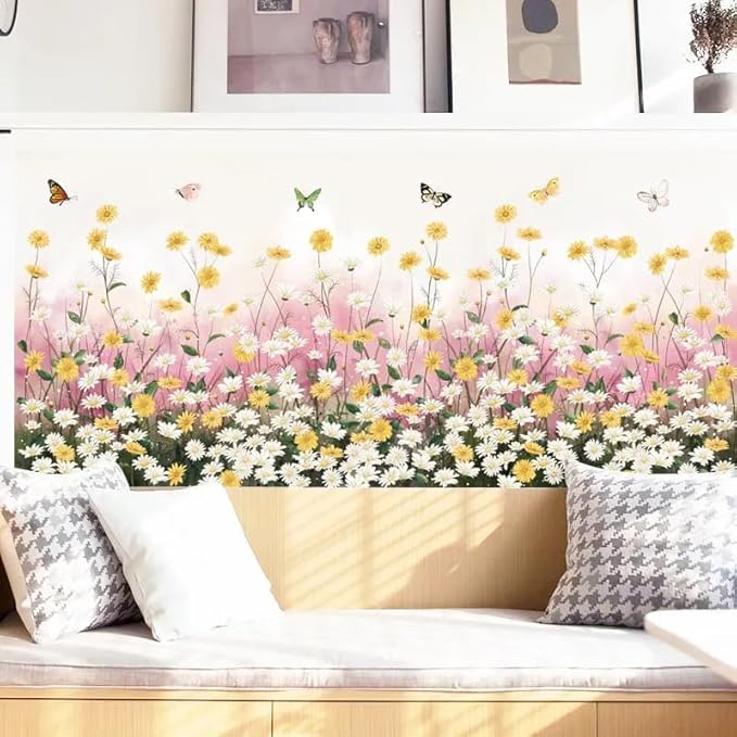 Sicker Universe 12x36 Inch Set - Daisy Flowers Sofa Bedroom Pink Gypsophila Stickers Butterfly Plant Skirting Line Floral Wall Decals for Decor, Self Adhesive Vinyl for Home Decor (Floral Design #6)