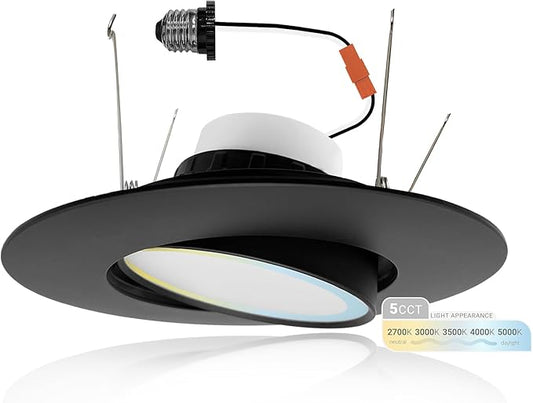 NUWATT 6 Inch Recessed Gimbal Downlight, Dimmable, 16.5 Watts, 1200 Lumens, 120V, 5CCT: 27K/30K/35K/40K/50K, CRI >90, ETL Listed, Black Finish