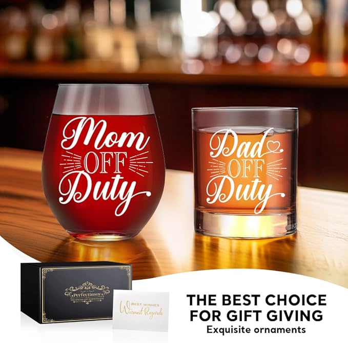 Perfectinsoy Dad Off Duty Whiskey Glasses and Mom Off Duty Red Wine Glasses Gift Set, Wine Glass Gifts for New Parents, Anniversary Birthday Gifts for Mom and Dad Couples Soul Mate Friends