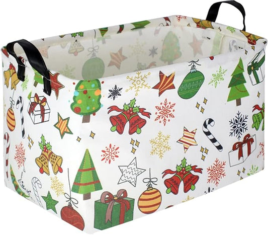 CLOCOR Rectangular Christmas Basket,Cute Pattern Christmas Gifts Basket Empty,Waterproof Christmas Storage Box with Handles,Kids Room Decor(Gift Basket)