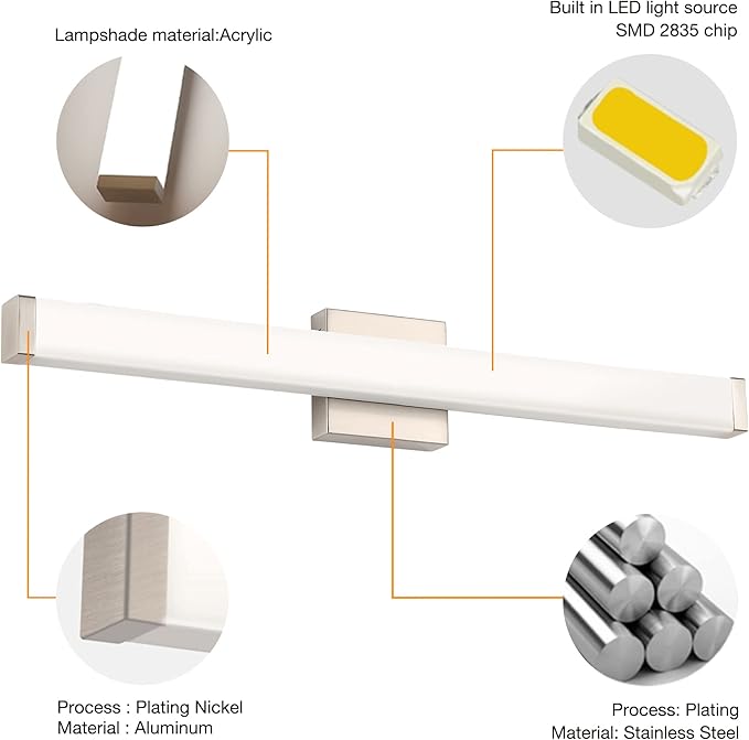 Bathroom Vanity Light Brushed Nickel Square LED 24 inch 14W 4000K Natural White Light Wall Bar Lighting Fixtures Over Mirror (Brushed Nickel, 33.5 inch 5CCTDimmable)