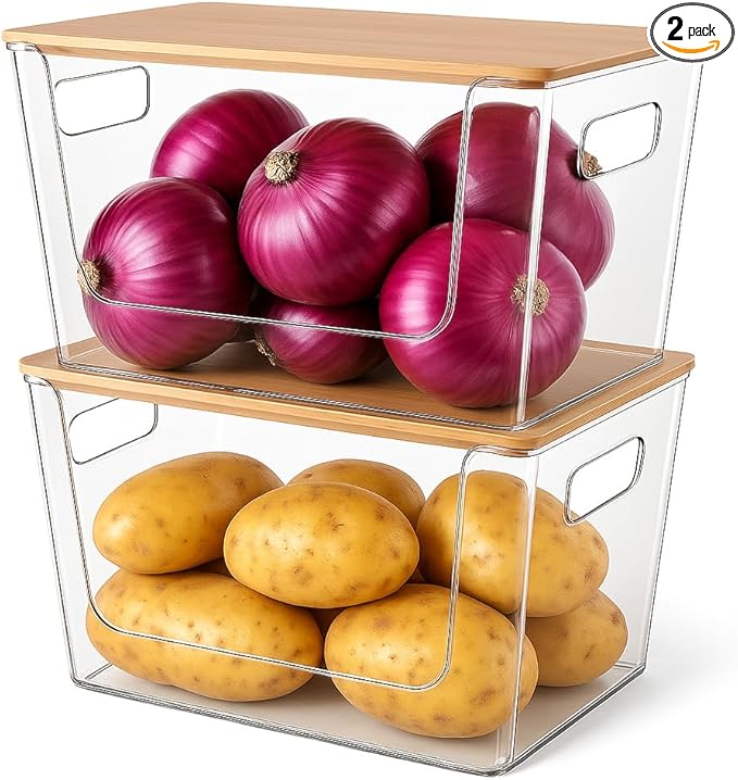 2 Set Pantry Organizers and Storage - Kitchen Organizer with Bamboo Lid for Fruit, Onion, Potato, Vegetable - Clear Stackable Bins for Kitchen Cabinet, Refrigerator, Home Organization
