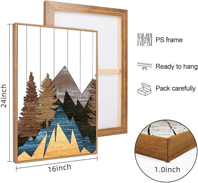 CHDITB Framed Canvas Mountain Wall Art Set, Country Woodcut Style Wall Decor, Forest Nature Wilderness Wall Painting, Modern Art Prints for Living Room, Bedroom, Farmhouse - Large Size 16"x24"x3