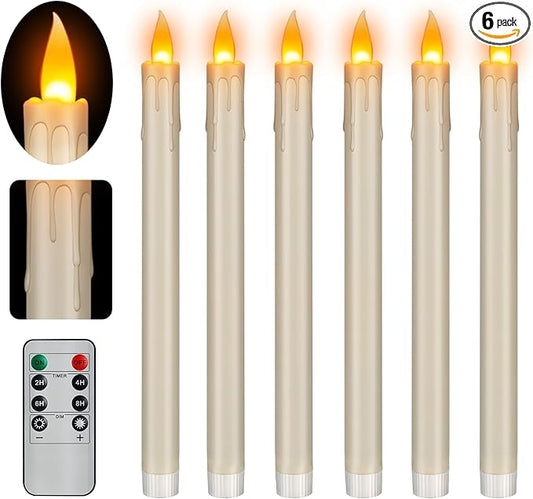 Flameless Taper Candles Realistic Flickering Flame, Battery Operated, Remote Control with Timer, Safe for Kids & Pets, Ivory, 10-Inch, Pack of 6 Ideal for Home, Weddings & Parties