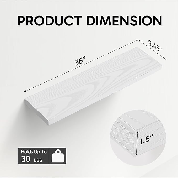 BAYKA White Floating Shelves for Wall, 36 inches Wall Mounted Rustic Wood Shelves for Bathroom, Bedroom, Living Room, for Books/Storage/Decor（Set of 3）