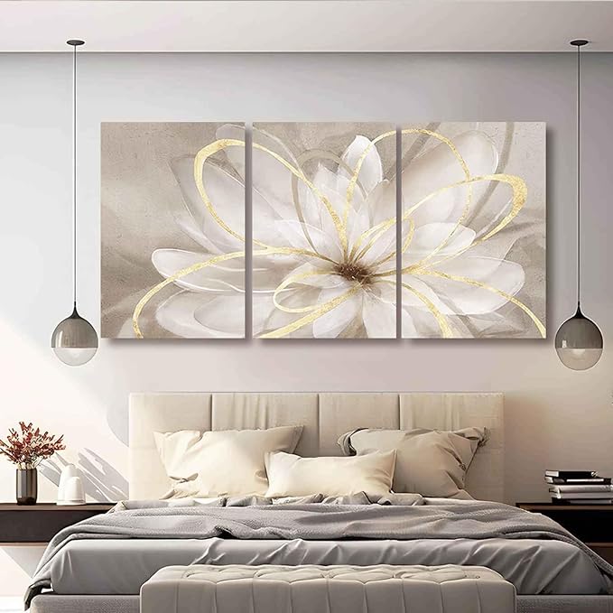 Kureful Large Pictures for Living Room Neutral Wall Art Artwork for Walls Canvas Art Gold Flowers Wall Decor for Girls Women Room Decor 24"x 36"x 3