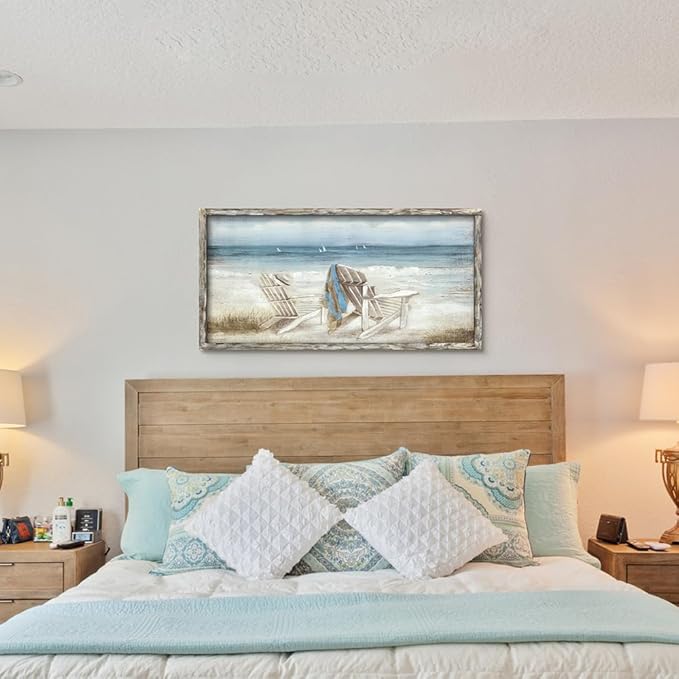 Coastal Abstract Seascape Canvas Wall Art Beach Chair on Sand Painting Artwork Print for Bedroom Living Room(48"*24")