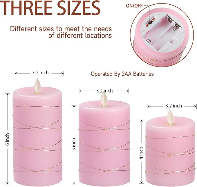 Pink Flameless Candles with String Lights Battery Operated Flickering LED Pillar Candles 4‘’ 5‘’ 6‘’ Candle with Remote Control, Set of 3