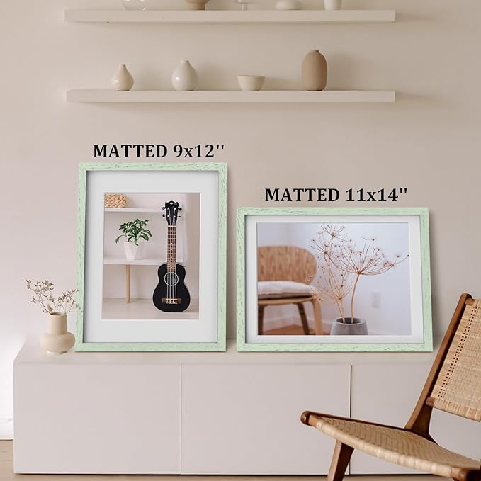 Egofine 12x16 Picture Frames Set of 4, Made of Solid Wood Covered by Plexiglass 9x12 and 11x14 with Mat or 12x16 without Mat, for Wall Mounting Photo Frame Rustic Green