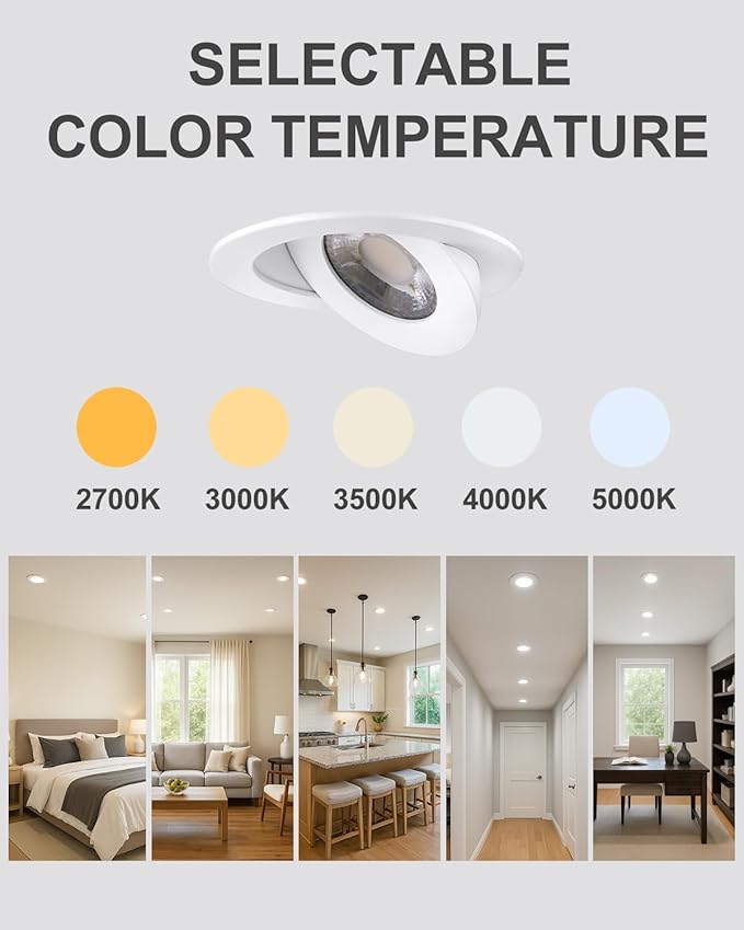 4inch Gimbal LED Recessed Light Recessed LED 4 inch White Swivel Gimbal Canless Light 360° Rotation 90° Tilt 4" 9W Eyeball Lighting Dimmable Adjustable Can Spotlights 5CCT White 4 inch 6 Pack