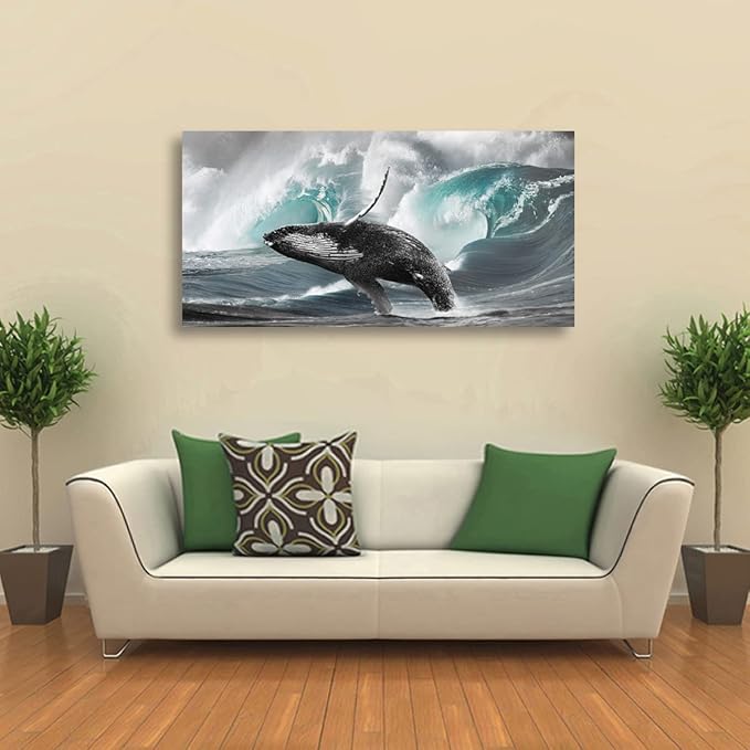 Surging Waves Whale Pictures Canvas Wall Art For Living Room Bedroom Wall Decor,Surge Wall Art Print Paitnings for Home Decor,Morden Artwork Seascape Canvas Art Waterproof Ready to Hang-20X40Inches