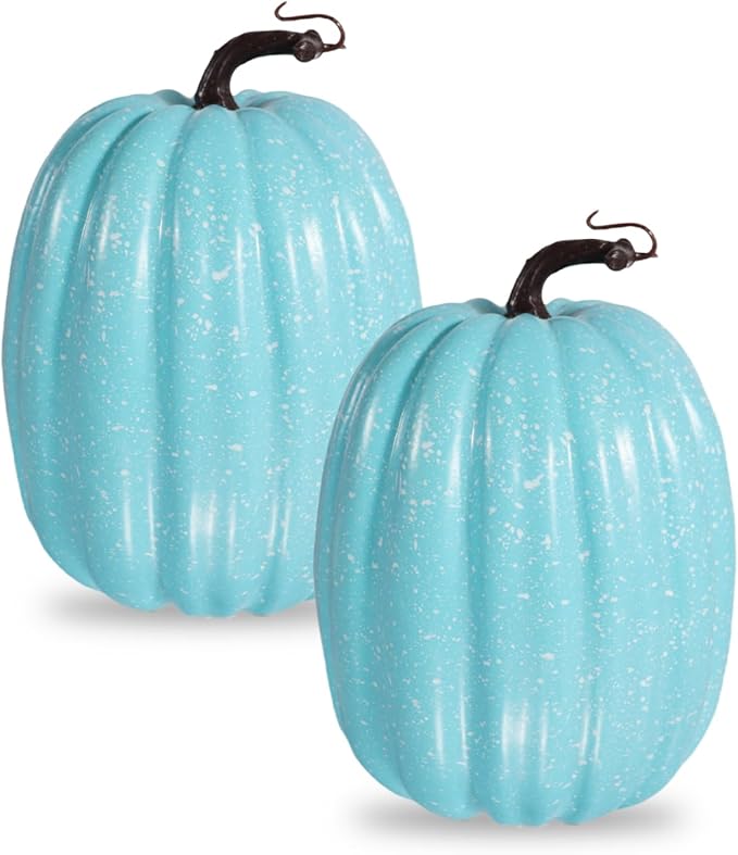 vensovo 2PCS 8 Inch Light Blue Plastic Pumpkins for Decorating–Large Artificial Foam Pumpkins for Fall Decor, Halloween, Thanksgiving, Paintable for DIY Crafts & Centerpieces