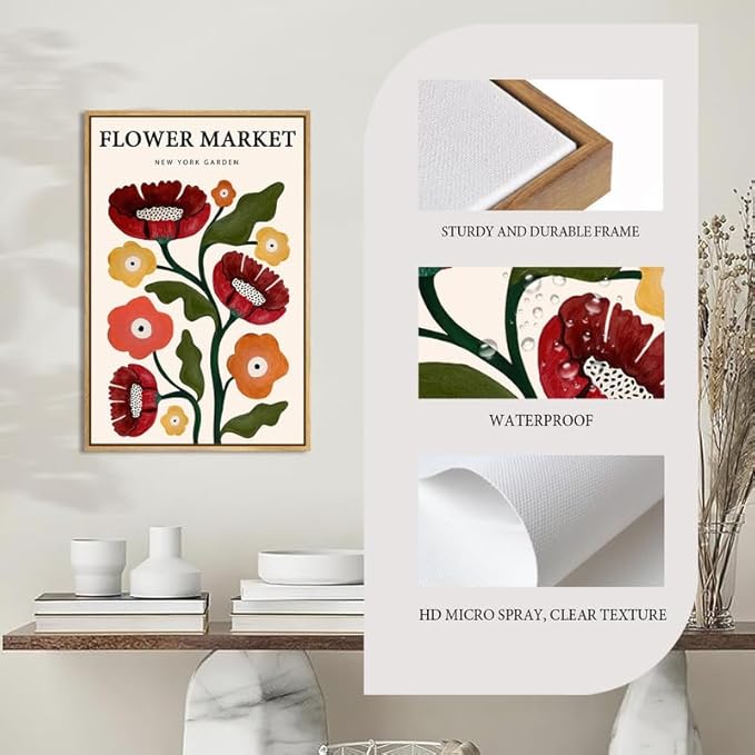 Gufro Boho Flower Market Framed Canvas Wall Art,Red Aesthetic Abstract Canvas Floral Wall Art for Bathroom，Living Room-24x32in