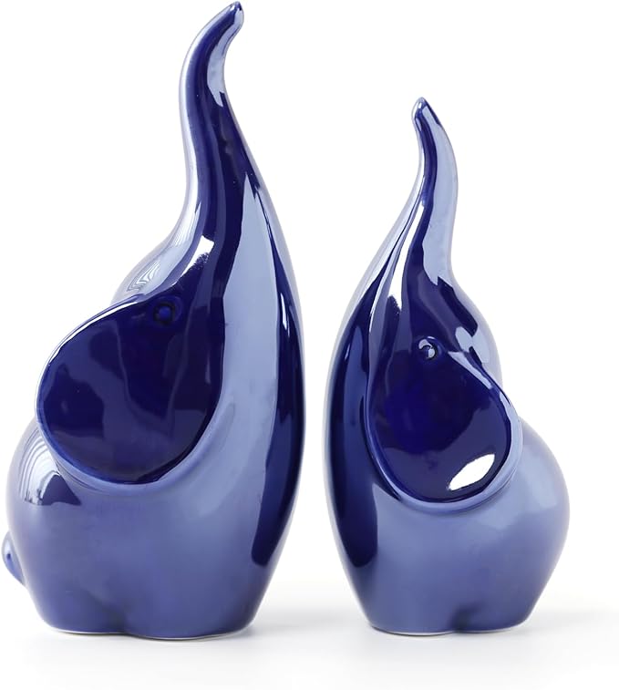 Ceramic Elephant Figurines with Trunk Up, Pair Couples Loving Elephant Statue, Small Figurines Sculpture African Home Decor, Valentine Elephants Gifts for Women, Wedding Knick Knacks（Blue）