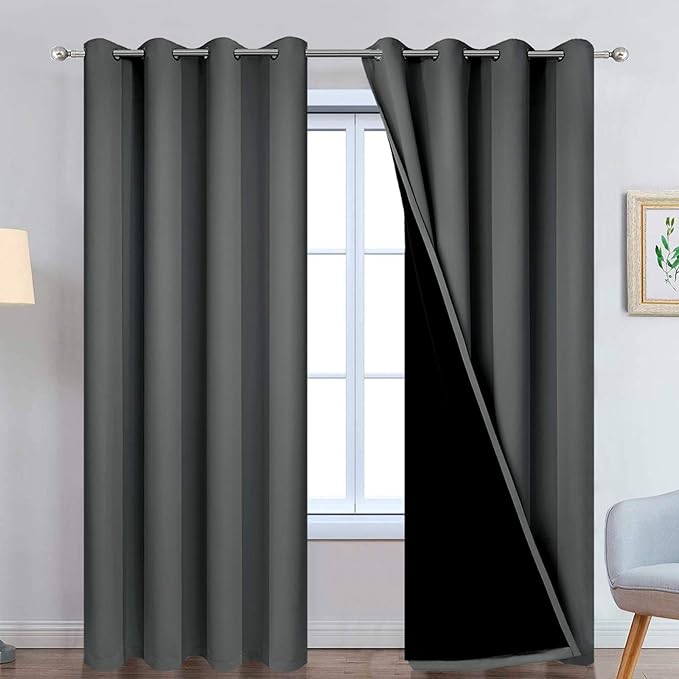Yakamok Dark Grey Full Shade Curtain Panels, Heavy Duty Lined Curtains 84 Inches Long, Thermal Insulated Room Darkening Curtains with Black Liner for Bedroom(52" Width Each Panel, Dark Gray, 2 Panels)