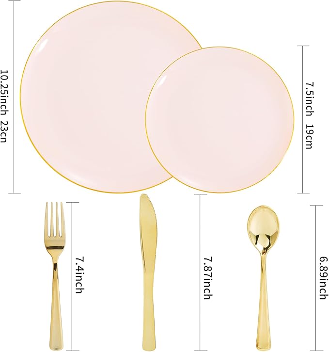 YOUBET 125PCS Pink Plastic Plates - Pink Disposable Plates With Gold Rim - Pinks and Gold Plates Include 25 Dinner Plates, 25 Dessert Plate, 75 Cutlery for Party Wedding Birthday