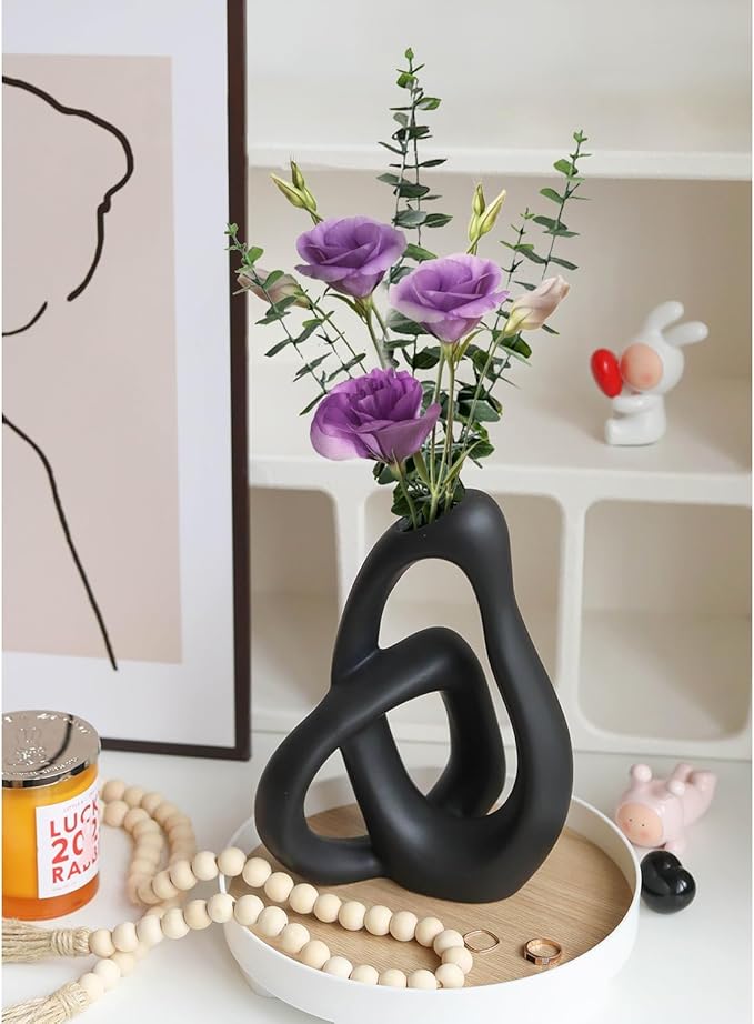 Modern White Ceramic Flower Vases for Home Decor Aesthetic, Boho Decorative Vase for Bouquet Pampas Grass, Living Room Bedroom Kitchen Maximalist Decor (Black)