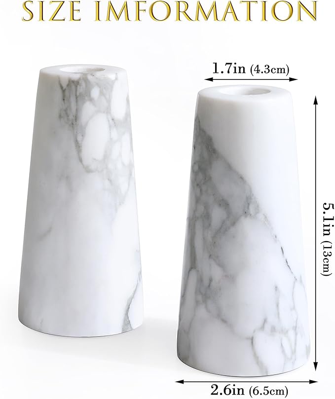 HofferRuffer Marble Candlestick Holders，Set of 2 Natural Stone Candle Holder Decorative Candle Stands for Wedding, Dinning, Party, Table Centerpieces, Fit 3/4'' Thick Taper Candles (White)