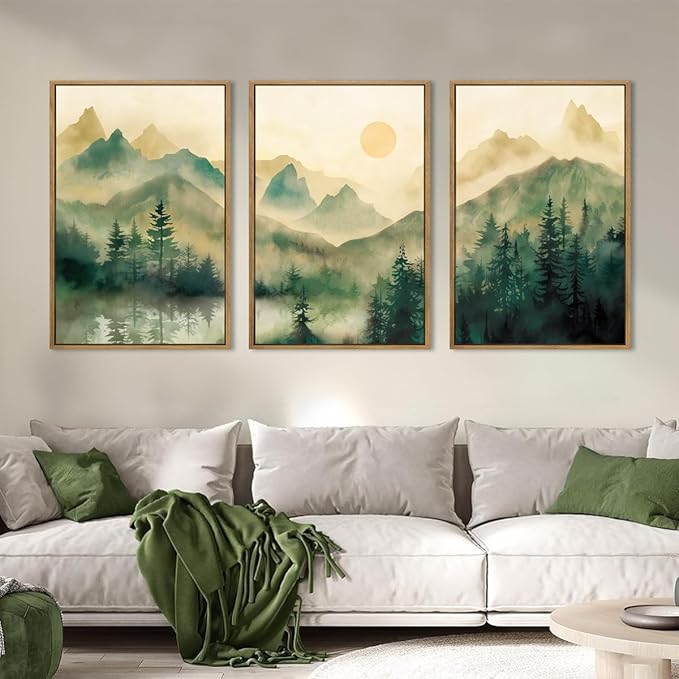 IARTTOP Large Mountain Framed Canvas Wall Art 16x24 Inch Green Foggy Forest Landscape Art Prints Set of 3 Nature woodland Landscape Wall Decor for Living Room Bedroom Office