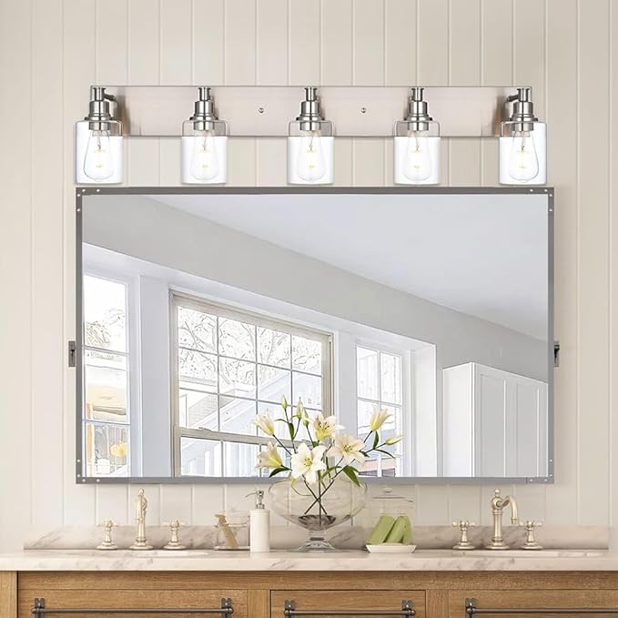 5-Light Vanity Light Fixture in Brushed Nickel, Clear Glass Bathroom Light Over Mirror, Modern Wall Sconce Lighting for Living Room