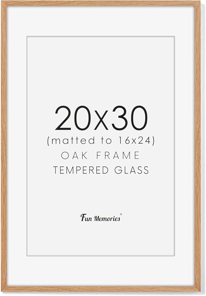 20x30 Picture Frame, Rustic Wood 20 x 30 Poster Frames for Wall, Oak Wood Picture Frames 20 by 30 with Real Glass, 20x30 Frame Matted for 16x24, Large Wooden Photo Frame 20x30 Inch, Oak Color, 1 Pack