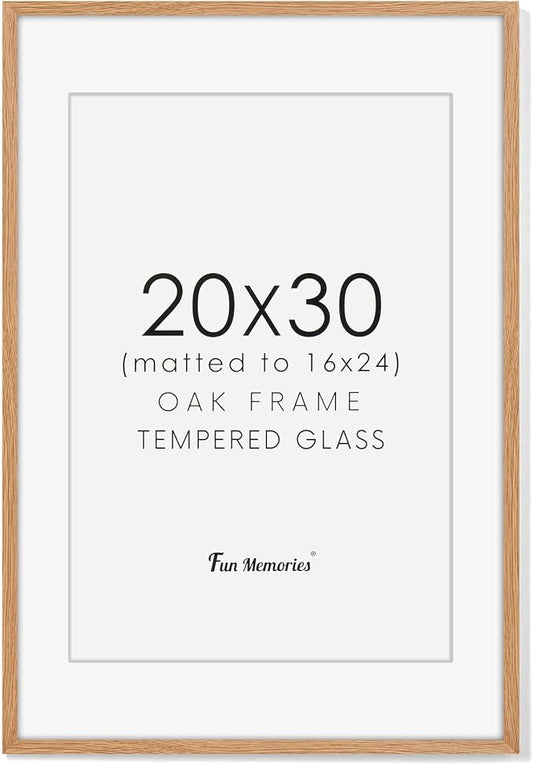 20x30 Picture Frame, Rustic Wood 20 x 30 Poster Frames for Wall, Oak Wood Picture Frames 20 by 30 with Real Glass, 20x30 Frame Matted for 16x24, Large Wooden Photo Frame 20x30 Inch, Oak Color, 1 Pack