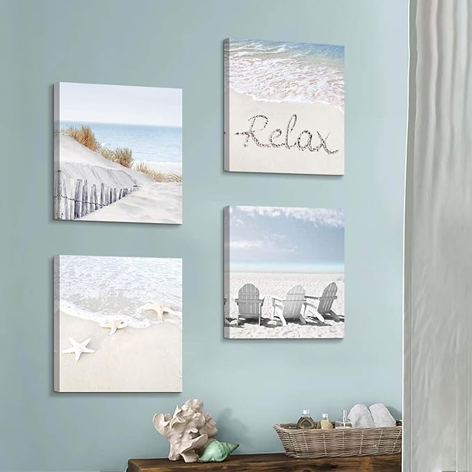Coastal Artwork Beach Wall Art: Starfish & Chairs on Sand Painting with Word Picture on Canvas for Living Room (16” x 16'' x 4 Panels)
