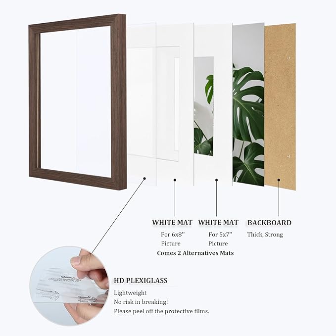 Egofine 9x12 Picture Frames Set of 4, Made of Solid Wood Covered by Plexiglass 5x7 and 6x8 with Mat or 9x12 without Mat, for Table Top Display and Wall Mounting Photo Frame Brown
