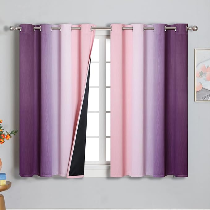 Pink and Purple Curtains 54 Inch Length 2 panels, Full Light Blocking Ombre Blackout Curtains for Kids Room, Thermal Insulated Noise Reducing Gradient Blackout Curtains for Girls Bedroom, 52x54 Inch