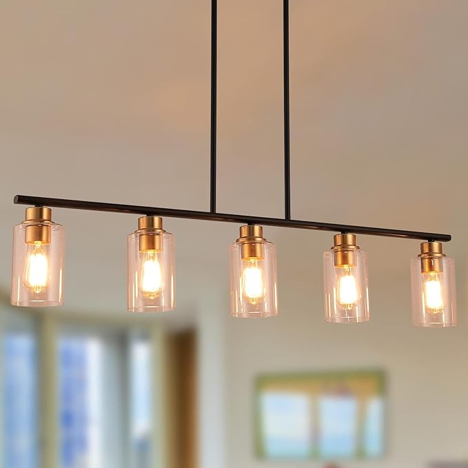 Kitchen Island Light, 5-Light Pendant Lighting, Farmhouse Industrial Dining Room Light Fixtures for Kitchen Island Dining Living Room, Matte Black Gold with Clear Glass Shade